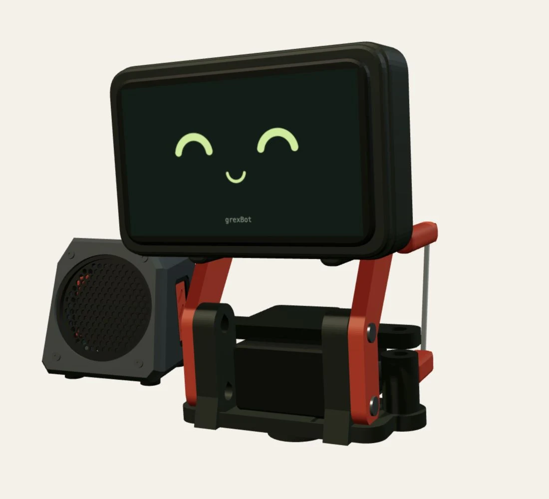 Render of the grexBot prototype with its smiling display, red open-frame supports, visible servo and linkage, beside the separate speaker pod.